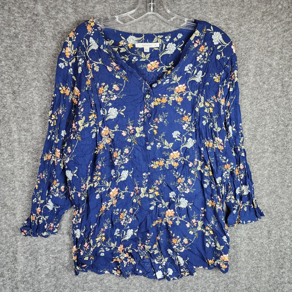 Fun 2 Fun Blouse Womens 2X FD86649S-5P Navy Blue Floral Button Down Boho EUC